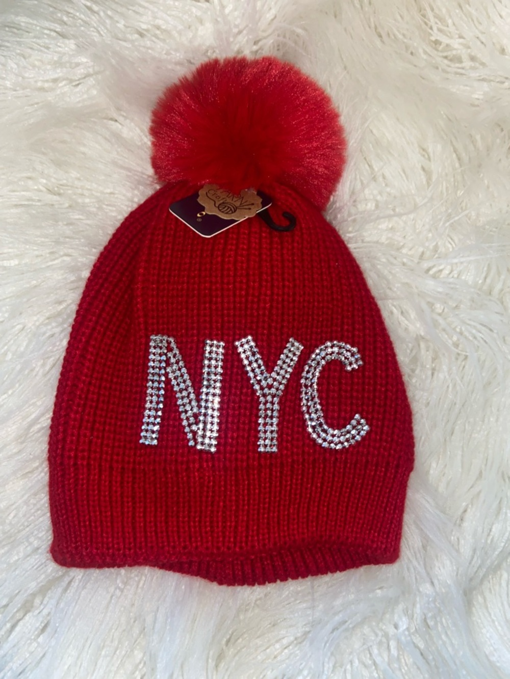 Red Pom-Pom Knit Beanie with Crystal 'NYC' Accent